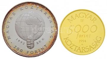 1992. 200Ft Ag "Fehér gólya" (10,19g/0.500/30mm) + 1994. 5000Ft Au "Túzok" (7,80...