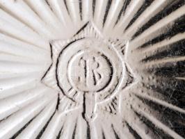 Monogramos üveg tál, hajszálrepedéssel, formába öntött, d:24 cm