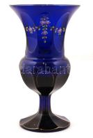 Kobalt kék váza, kézzel festett, kopott aranyozás, peremen nagyon apró csorba, m:20,5 cm