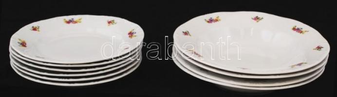 Zsolnay virág mintás süteményes (6db) és mély tányérok (4db), matricás, jelzett, hibátlan, d:18,5-22 cm