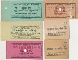 Miskolc 1921-1934. Miskolczi Orthodox Izraelita Anyahitközség 4db értékjegye + 1949. Templomi visszatérő-jegy (2x) T:I-II
