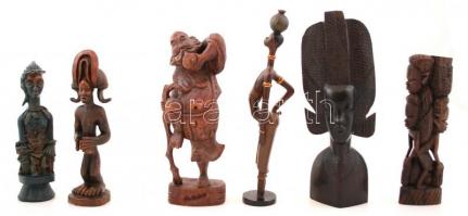 Afrikai és távol-keleti fa szobrok, összesen:6 db, m:18-25 cm