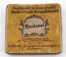 cca 1930 Mentanol: Menthol, Cocain, Borax tabletta zománcozott fém dobozka belül reklámmal 7x6 cm