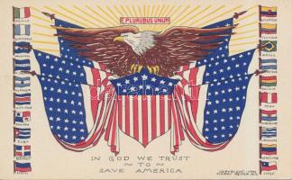 In God we trust, save America, flag, propaganda