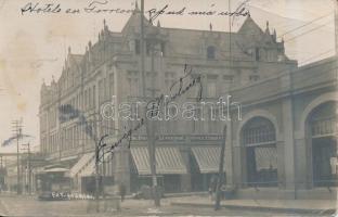 1914 Nuevo Laredo, Hotel Torreon, restaurant, shops, street, tram, photo