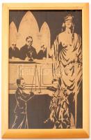 Olvashatatlan jelzéssel: Bíróság előtt. Festett fa lemez, üvegezett keretben, 46×33 cm