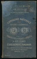 cca 1880-1900 Compagnie nationale de matieres colorantes et manufacturs de produits chimiques du Nord Réunies, Établissements Kuhlmann. Kihajtható szövet- és színminta füzet, viseltes vászonkötésben, egyébként jó állapotban.
