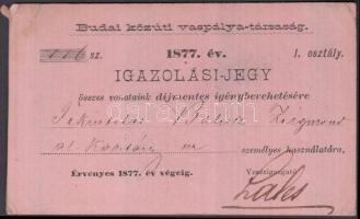 1877 A Budai Közúti Vaspálya Társaság éves igazolási jegye, bérlete.