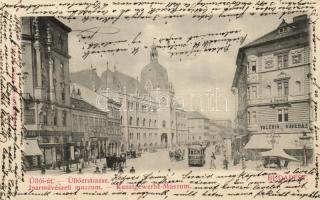 1899 Budapest IX. Üllői út, Valéria Kávéház, gyógyszertár, Osztrák bank, villamos (EK)
