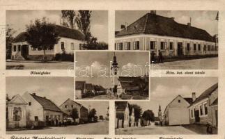 Murakirály, Községháza, Római katolikus elemi iskola és templom, Vasút utca, Fő utca / town hall, Roman catholic church and school, Railway street, Main street (fa)