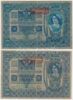 1902. 1000K (2x) I. és II. kiadás, mindkettő piros "Deutschösterreich" felülbélyegzéssel T:III,III-