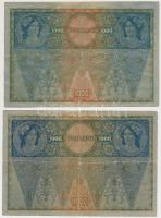 1902. 1000K (2x) I. és II. kiadás, mindkettő piros "Deutschösterreich" felülbélyegzéssel T...