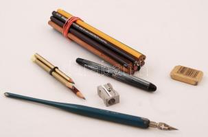 Régi írószer tétel: ceruzák 11db, mini ceruzák 3db, fém hegyező 1db, töltőtoll és tollszár heggyel 1db,Kohi-noor radír, összesen 18db