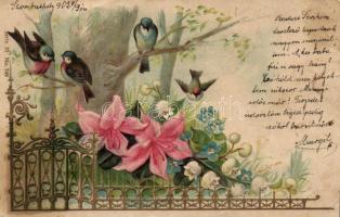 Birds, flower, greeting card, Serie 33 No. 749. Emb. litho (EK)