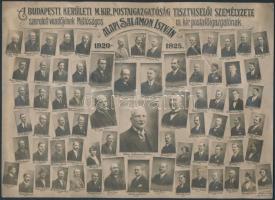 1925 Alapi Salamon István m. kir. posta főigazgató arcképe és munkatársai egy kistablón, 70 nevesített portréval, felületén törésvonal és kisebb hibák, 19x26 cm