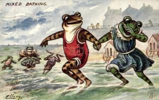Mixed bathing frogs, Raphael Tuck & Sons Oilette, Postcard 9562. artist signed