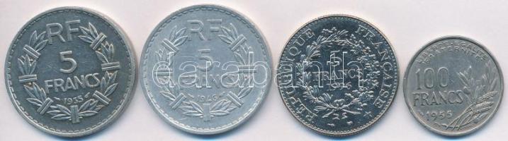 Franciaország 1935-1996. 5Fr (3x) + 1955. 100Fr T:2,2- France 1935-1996. 5 Francs (3x) + 1955. 100 Francs C:XF,VF