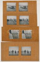 1920 Strandolók, fürdőzők, 5 db sztereó képpár, 4x4 cm, karton 6x16 cm