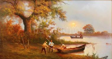 Czinege Zsolt (1967- ): Halászok. Olaj, vászon, jelzett, újszerű keretben, 27×50 cm
