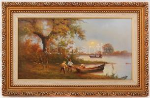Czinege Zsolt (1967- ): Halászok. Olaj, vászon, jelzett, újszerű keretben, 27×50 cm