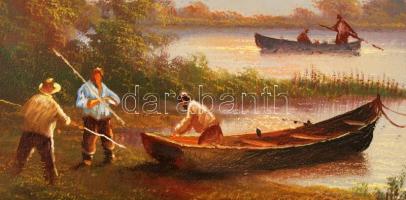 Czinege Zsolt (1967- ): Halászok. Olaj, vászon, jelzett, újszerű keretben, 27×50 cm