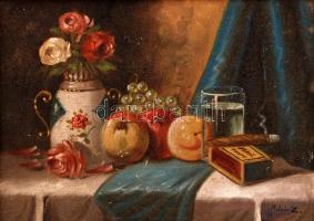 Molnár jelzéssel: Szivaros csendélet. Olaj, karton (festék kopással), keretben, 24×33 cm