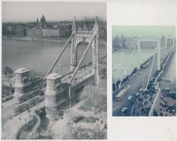 cca 1940 és 1966 Budapest, Villamos közlekedés a régi és az új Erzsébet hídon, későbbi nagyítások, 13x9 cm és 19x14,5 cm