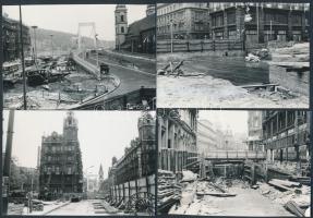 cca 1975 Budapest, a Felszabadulás tér és az Erzsébet híd pesti hídfőjének átépítése, 12 db fekete-fehér és 1 db színes fotó, utóbbi egy színes diapozitív felvételről készült modern másolat, amely a tér átépítése előtti városképet mutatja, 9x13 cm