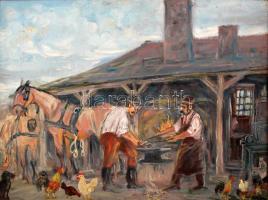 Kohán jelzéssel: Kovácsok. Olaj, farost, keretben, 55×75 cm