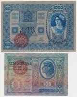1902. 1000K + 1912. 100K mindkettő piros "MAGYARORSZÁG" körbélyegzéssel T:III,I-