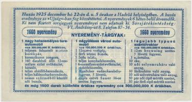 1925. "Hadirokkantak, Hadiözvegyek, Hadiárvák Nemzeti Szövetsége Tárgysorsjátéka" sorsjegy...