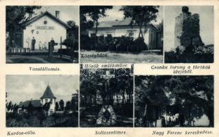 Soltszentimre, vasútállomás, Községháza, Csonka torony, Kardos villa, Nagy Ferencz kereskedése (EK)