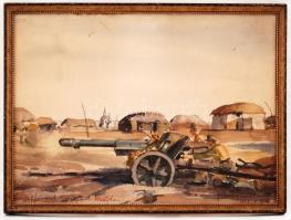 Jeney Zoltán (1899-?): Páncéltörők Don parti községben 1942. Akvarell, üvegezett keretben, jelzett, ...