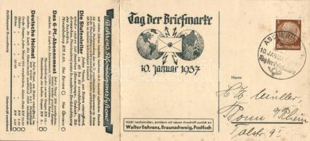 1937 Tag der Briefmarke / German stamp day, So. Stpl, Walter Behrens advertisement folding card (fl)