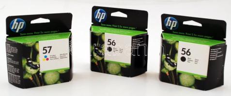 HP nyomtatópatronok, 3db: ebből 2db 56-os, fekete patron, és 1db 57-es színes, eredeti bontatlan csomagolásban