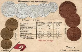 Tunis / Tunisia; set of coins, flag, Emb. litho (wet damage)