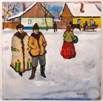 Pólya jelzéssel: Falusi életkép. Olaj, farost, 53×55 cm