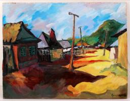 Nagy jelzéssel: Falusi utcakép. Olaj, fa lemez, 53×55 cm