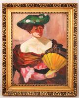Olvashatatlan jelzéssel: Kalapos hölgy. Olaj, karton, üvegezett keretben, 50×40 cm