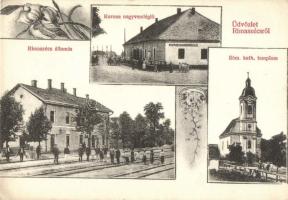 Rimaszécs, Rimavská Sec; vasútállomás, Korona nagyvendéglő, Római katolikus templom; Özv. Roth Dávidné kiadása / railway station, restaurant, Roman Catholic church, floral (EK)