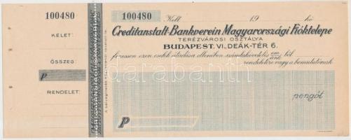 Budapest DN Creditanstalt-Bankverein Magyarországi Fióktelepe kitöltetlen csekkje T:I