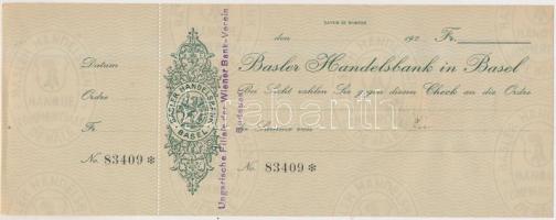 Budapest ~1920. Basler Handelsbank kitöltetlen csekkje, 4f bélyeggel és bélyegzéssel a hátoldalán T:I