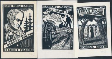 Különféle kis grafikák, ex librisek, 6db,rézkarc és linómetszet, ebből 3 olvashatatlan jelzéssel, cca 10x8cm, 7x4cm