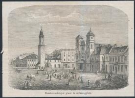 1857 Besztercebányai piacz és Székesegyház, fametszet a Vasárnapi Újság egy 1857-es számából, papír, jelzés nélkül, 10,5x14cm