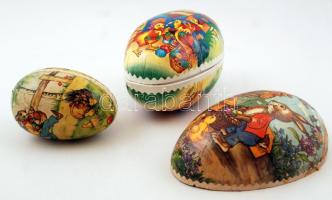 cca 1960-70 Régi, illusztrált húsvéti tojás doboz apró cukorkához, papír, 2db+ 1fedő, 17x10cm, 11x11cm