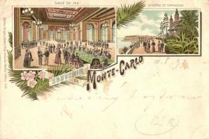 1897 Monte Carlo, Salle de Jeu, Theatre et Terrasses / game hall, theatre, terrace, floral litho (EB)