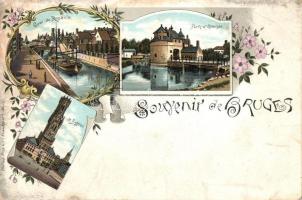 Bruges, Quai du Rosaire, Porte dOstende, Le Beffroi / quay, gate, bell tower, floral, Art Nouveau litho (small tear)