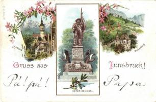 1899 Innsbruck, Hötting, Weiherburg, Hofer-Denkmal / castle, statue, floral, C.J. 502/8. litho (small tear)