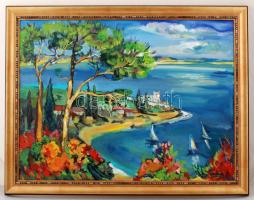 Olvashatatlan jelzéssel: Tengerparti táj. Olaj, farost, keretben, 60×80 cm