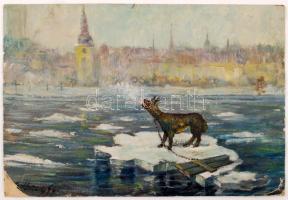 Olvashatatlan jelzéssel:Kutya a jégen, olaj, karton, sarka hiányzik, 33x48cm